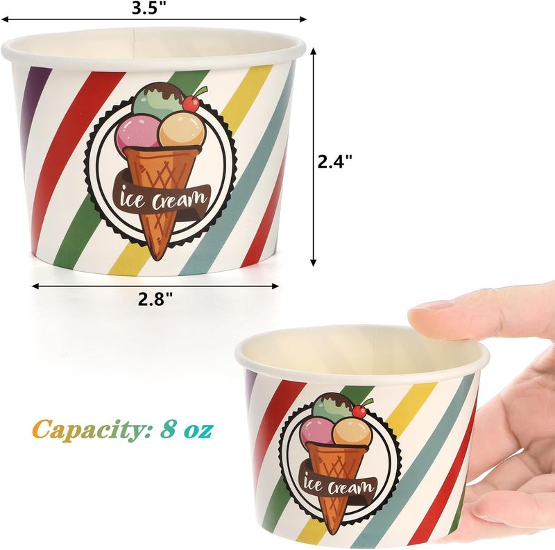 DEAYOU 200 Pack Paper Ice Cream Cups, 8 oz Disposable Dessert Bowls, Treat Cups for Sundae, Parfaits, Frozen Yogurt, Soup, Snack, Party Supplies, Rainbow Stripes - Image 2