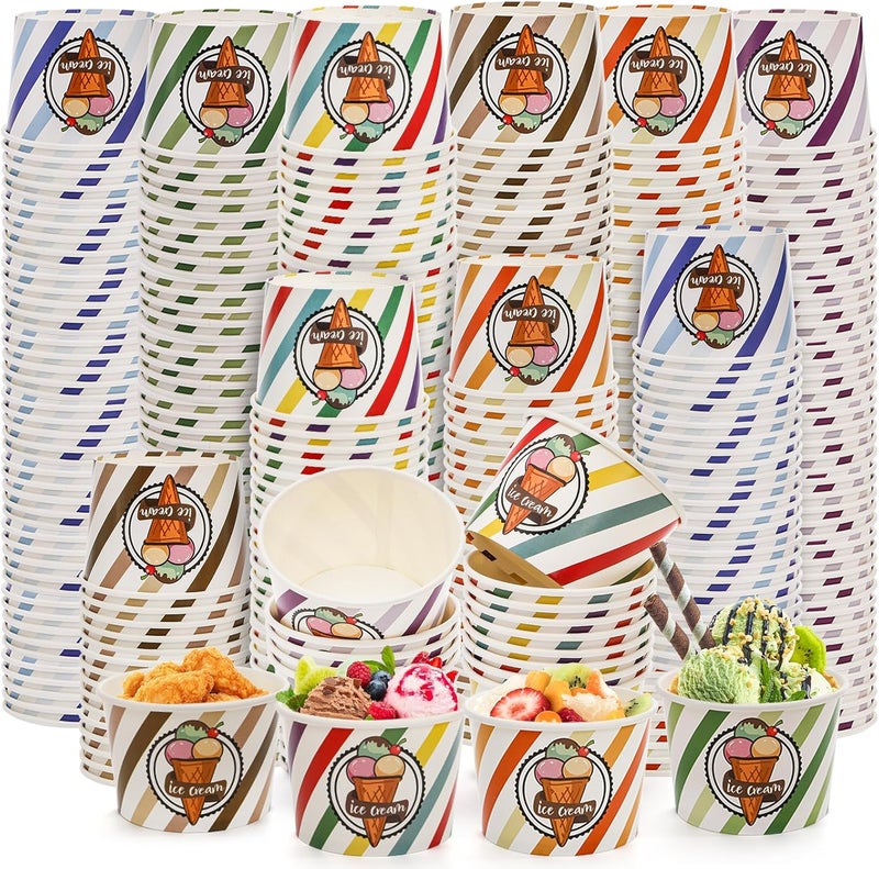DEAYOU 200 Pack Paper Ice Cream Cups, 8 oz Disposable Dessert Bowls, Treat Cups for Sundae, Parfaits, Frozen Yogurt, Soup, Snack, Party Supplies, Rainbow Stripes - Image 1