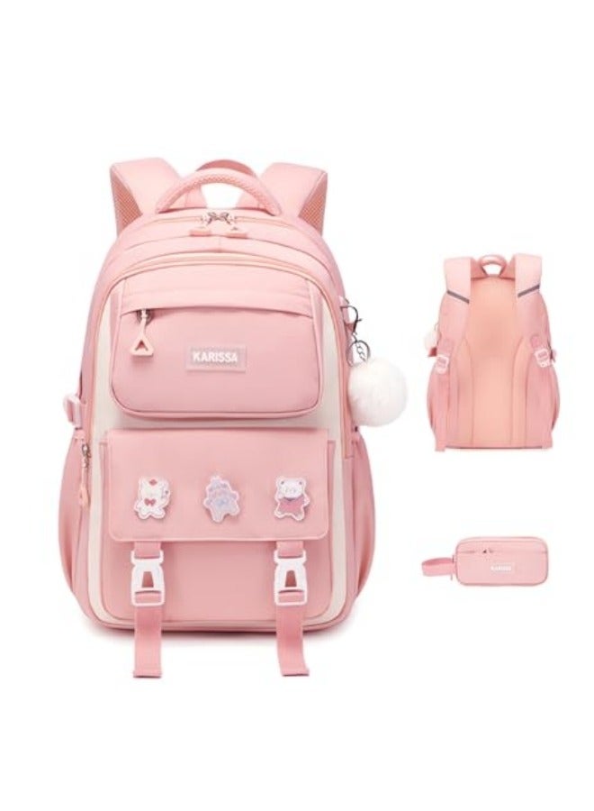 GGEROU Girls Backpack with Pencil BagAesthetic Laptop Backpacks 15.6 Inch Kids Elementary College School Bag Kawaii Large Bookbag Anime Casual Travel Daypack Pink 30*18*43cm - Image 1