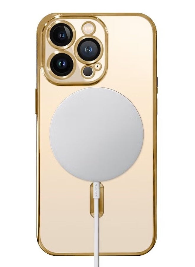 YJS Clear Case with MagSafe for Apple iPhone 13 Pro Max Wireless Charging Compatible Back Cover with Electroplating Shockproof Frame Gold - Image 2