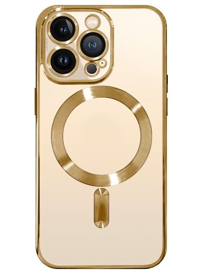 YJS Clear Case with MagSafe for Apple iPhone 13 Pro Max Wireless Charging Compatible Back Cover with Electroplating Shockproof Frame Gold - Image 4