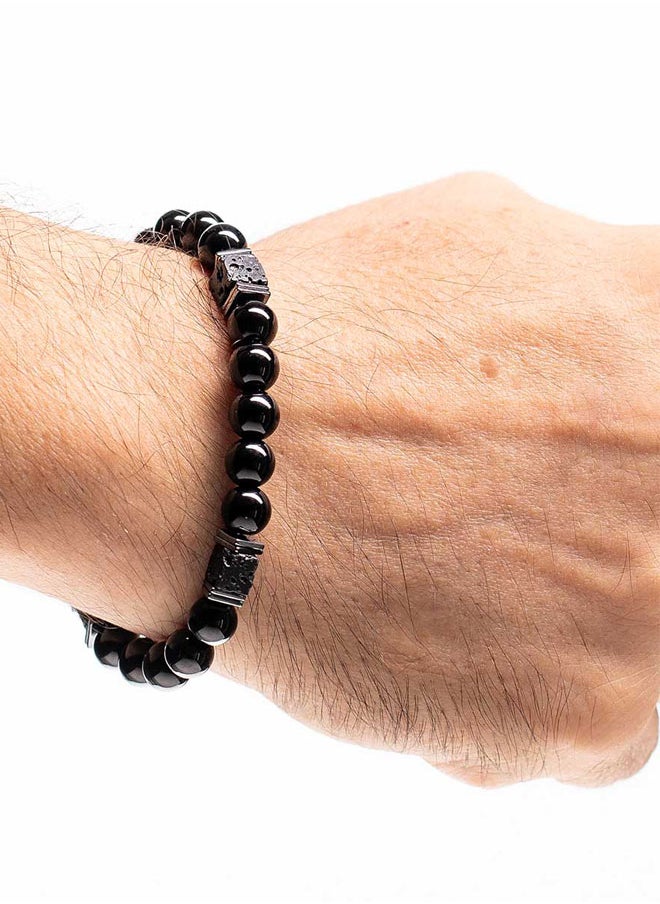 CHRYSOSTOMOS - Handmade Beaded Bracelet with Rounded-Squared Black Onyx and Silver Hematite, Durable Silicone Elastic - Image 1
