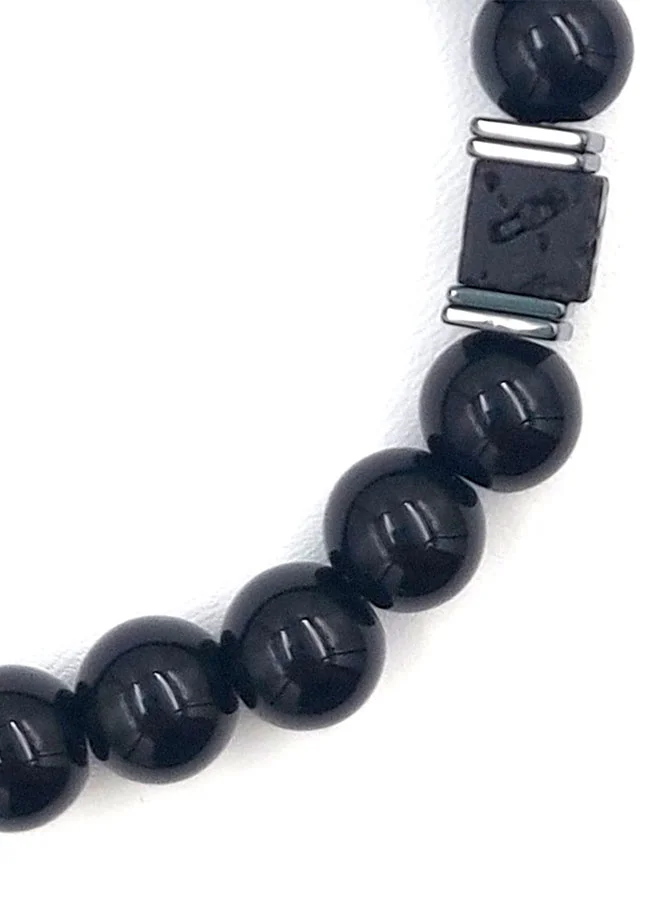 CHRYSOSTOMOS Handmade Beaded Bracelet with Rounded-Squared Black Onyx and Silver Hematite, Durable Silicone Elastic