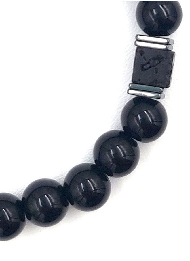 CHRYSOSTOMOS - Handmade Beaded Bracelet with Rounded-Squared Black Onyx and Silver Hematite, Durable Silicone Elastic - Image 1