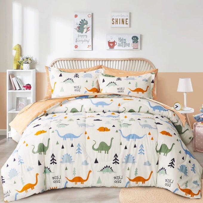 BED IN A BAG COTTON DINOSAUR REVERSIBLE DESIGN TWIN SIZE 6PIECE COTTON BEDDING COMFORTER SET FOR KIDS BOYS N GIRLS 1 COMFORTER 2 PILLOW SHAMS 1 FLAT SHEET 1 FITTED SHEET 1 PILLOWCASE