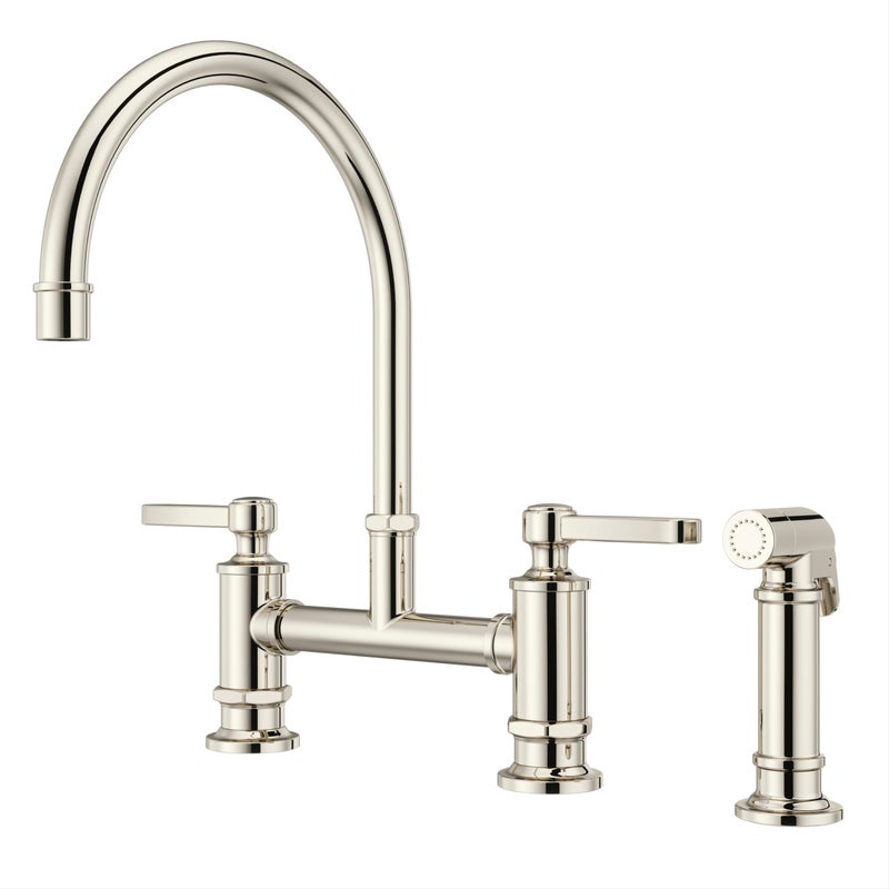 Pfister Port Haven Bridge Kitchen Faucet with Sprayer 2Handle High Arc Polished Nickel Finish LG31TDD