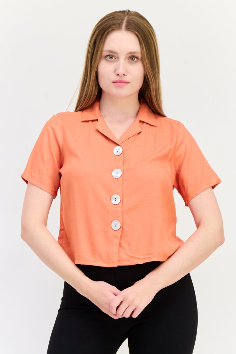 ONLY Women Spread Collar Short Sleeve Solid Blouse, Rust  - Image 1