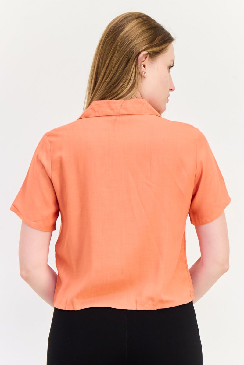 ONLY Women Spread Collar Short Sleeve Solid Blouse, Rust  - Image 3