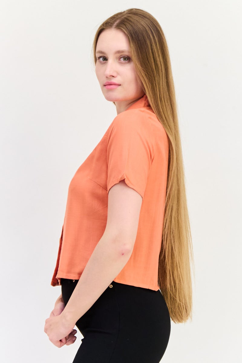 ONLY Women Spread Collar Short Sleeve Solid Blouse, Rust  - Image 2