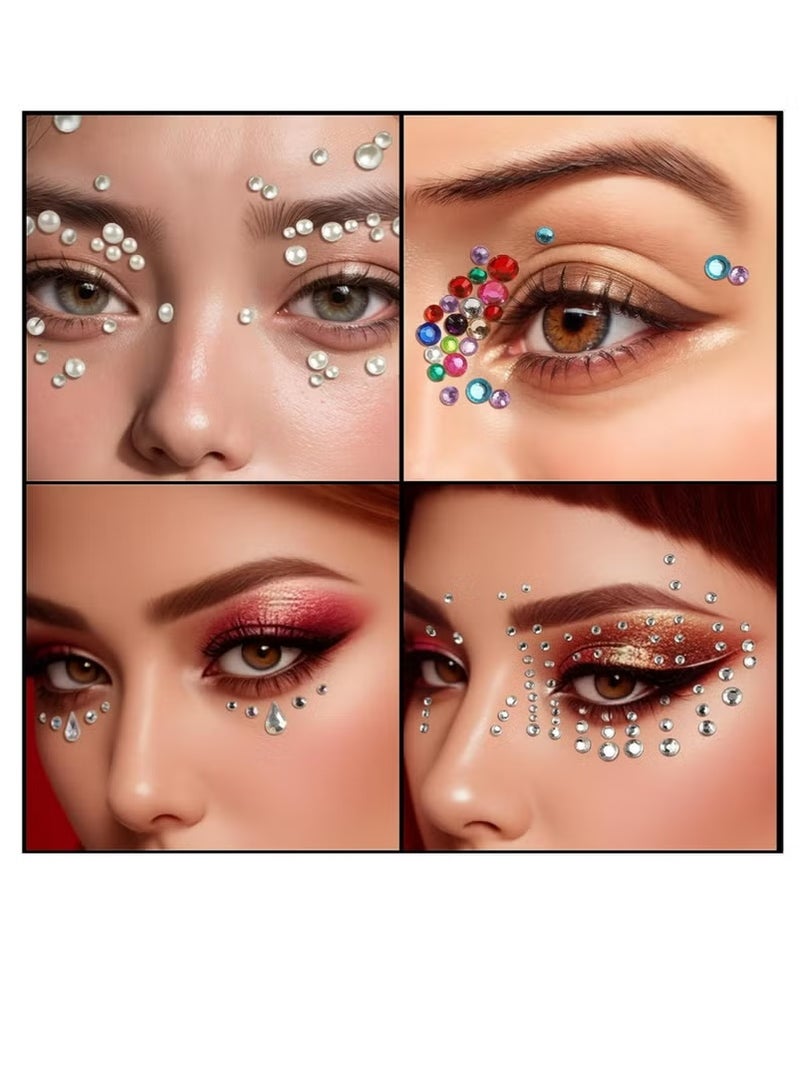 4 أوراق من أحجار الراين ذاتية اللصق للوجه لمهرجان المكياج، ملصقات أحجار الراين اللؤلؤية للوجه والشعر والعين - Image 3