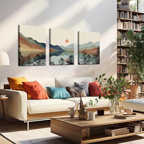 AKWISH Framed Mountain Canvas Wall Art Set of 3 Boho Watercolor Poster Prints Painting Sun Forest Abstract Nature Landscape Artwork Wall Decor for Living Room Bedroom Office 12x16 In - Image 3