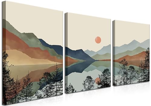 AKWISH Framed Mountain Canvas Wall Art Set of 3 Boho Watercolor Poster Prints Painting Sun Forest Abstract Nature Landscape Artwork Wall Decor for Living Room Bedroom Office 12x16 In - Image 1