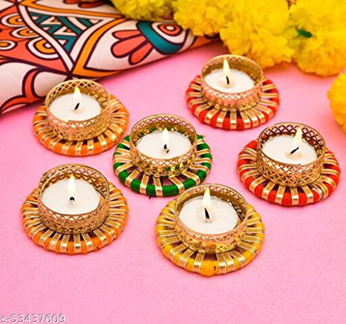 SWEG Present Unique Design Metallic Diya Tea Light Candle Holder Rangoli Diya for Home Office Decoration Diwali Gifts TeaLights Multi Set tea1 Set of 6 Pice - Image 2