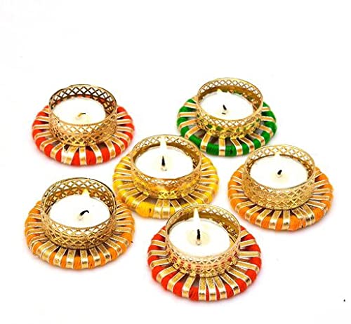 SWEG Present Unique Design Metallic Diya Tea Light Candle Holder Rangoli Diya for Home Office Decoration Diwali Gifts TeaLights Multi Set tea1 Set of 6 Pice - Image 1