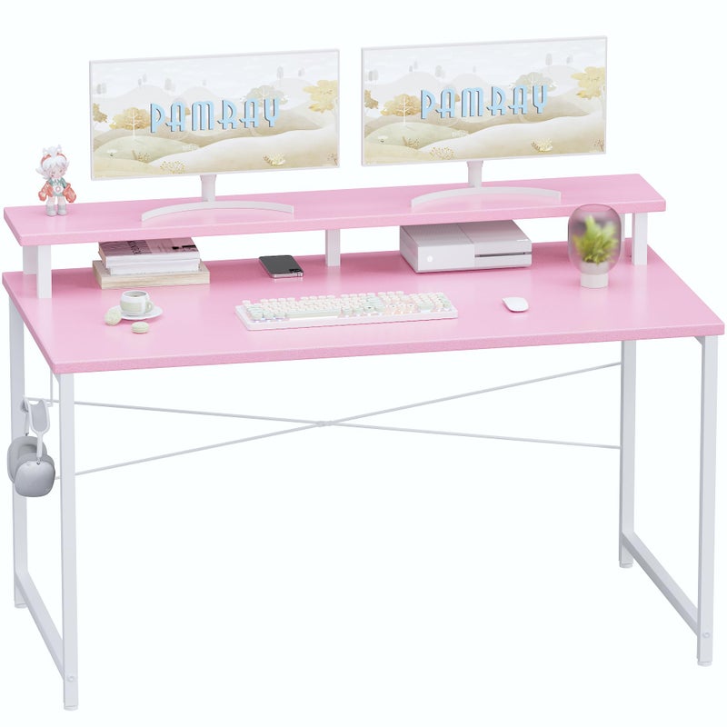 Pamray 47 Inch Small Computer Desk with Monitor Stand, Simple Office Desk with Headphone Hook for Small Spaces, Kids Study Writing Table for Bedroom, Pink - Image 1