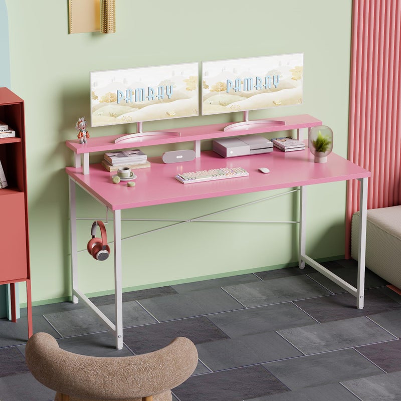 Pamray 47 Inch Small Computer Desk with Monitor Stand, Simple Office Desk with Headphone Hook for Small Spaces, Kids Study Writing Table for Bedroom, Pink - Image 2