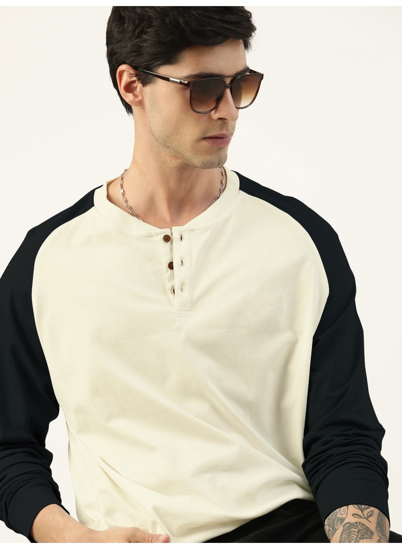 Maniac Maniac Mens Solid Raglan Half Sleeve Henley Neck Cream and Black Cotton T-Shirt - Image 2