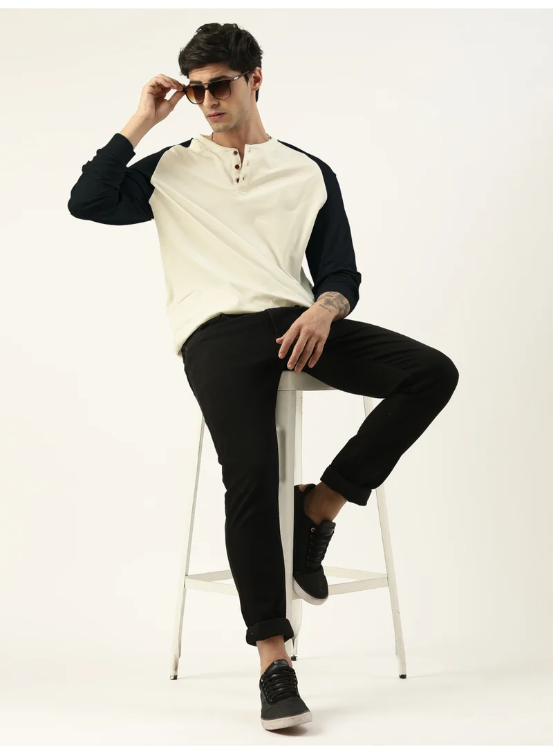 Maniac Maniac Mens Solid Raglan Half Sleeve Henley Neck Cream and Black Cotton T-Shirt