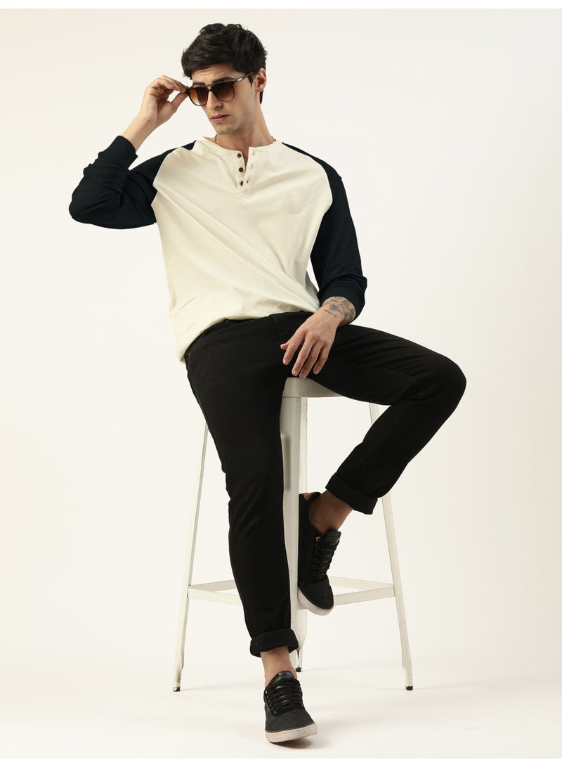 Maniac Maniac Mens Solid Raglan Half Sleeve Henley Neck Cream and Black Cotton T-Shirt - Image 5
