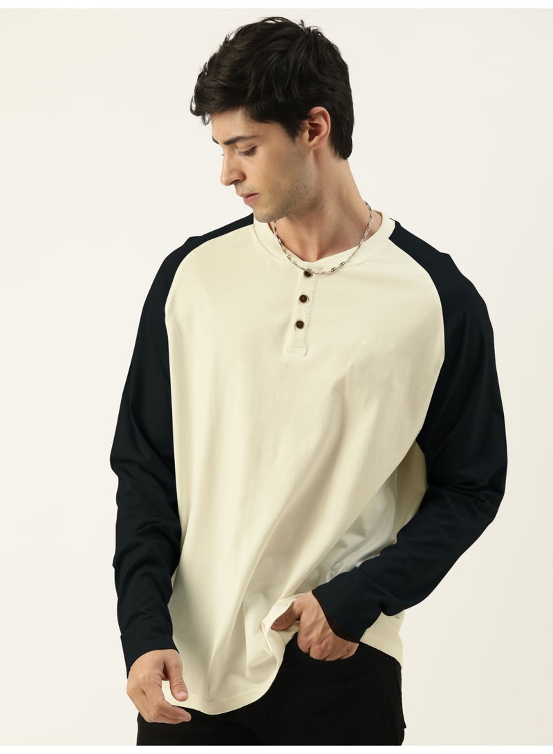 Maniac Maniac Mens Solid Raglan Half Sleeve Henley Neck Cream and Black Cotton T-Shirt - Image 1