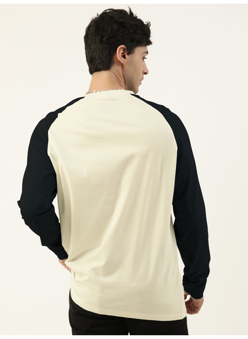 Maniac Maniac Mens Solid Raglan Half Sleeve Henley Neck Cream and Black Cotton T-Shirt - Image 4