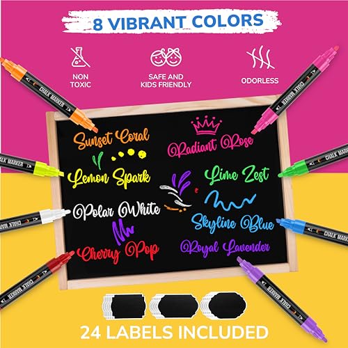 Zenacolor Liquid Chalk Markers - Dual Tips, 8 Vibrant Colors, Non-Toxic, Quick-Drying, Erasable for Blackboard, Windows, Glass, Cars - 24 Labels Included - Image 4