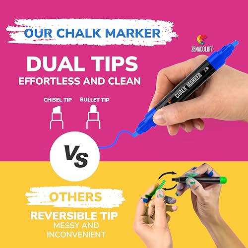 Zenacolor Liquid Chalk Markers - Dual Tips, 8 Vibrant Colors, Non-Toxic, Quick-Drying, Erasable for Blackboard, Windows, Glass, Cars - 24 Labels Included - Image 2