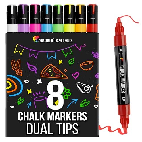 Zenacolor Liquid Chalk Markers - Dual Tips, 8 Vibrant Colors, Non-Toxic, Quick-Drying, Erasable for Blackboard, Windows, Glass, Cars - 24 Labels Included - Image 1