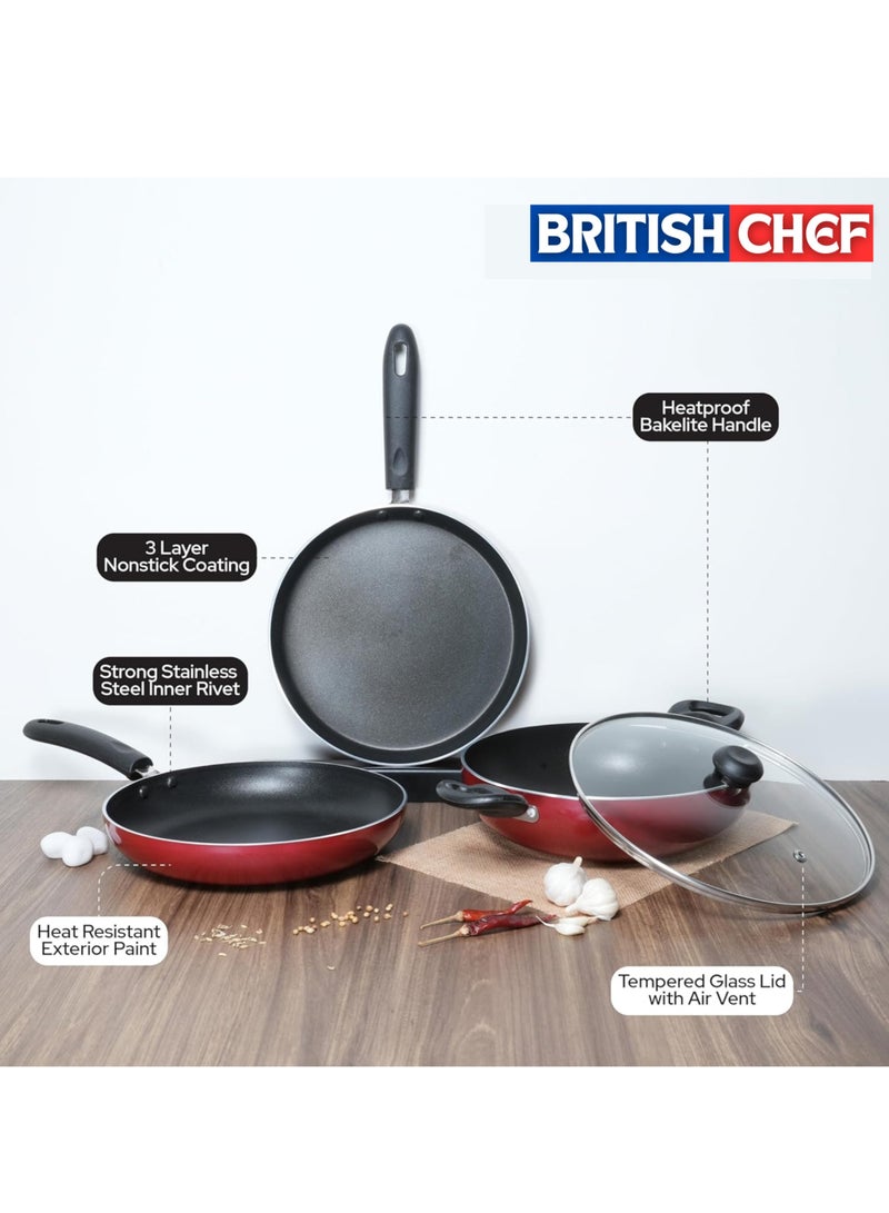 British Chef 4 Piece Nonstick Cookware Jumbo Set  | 26cm Tawa , 24cm Fry Pan, 24cm Kadai | Insulated Handle Powered with Premium Grip - Image 2