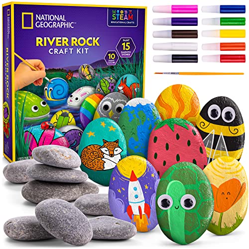 Blue Marble NATIONAL GEOGRAPHIC Rock Painting Kit - Arts and Crafts Kit for Kids, Paint & Decorate 15 River Rocks with 10 Paint Colors & More Art Supplies, Outdoor Toys for Girls and Boys (Amazon Exclusive) - Image 1