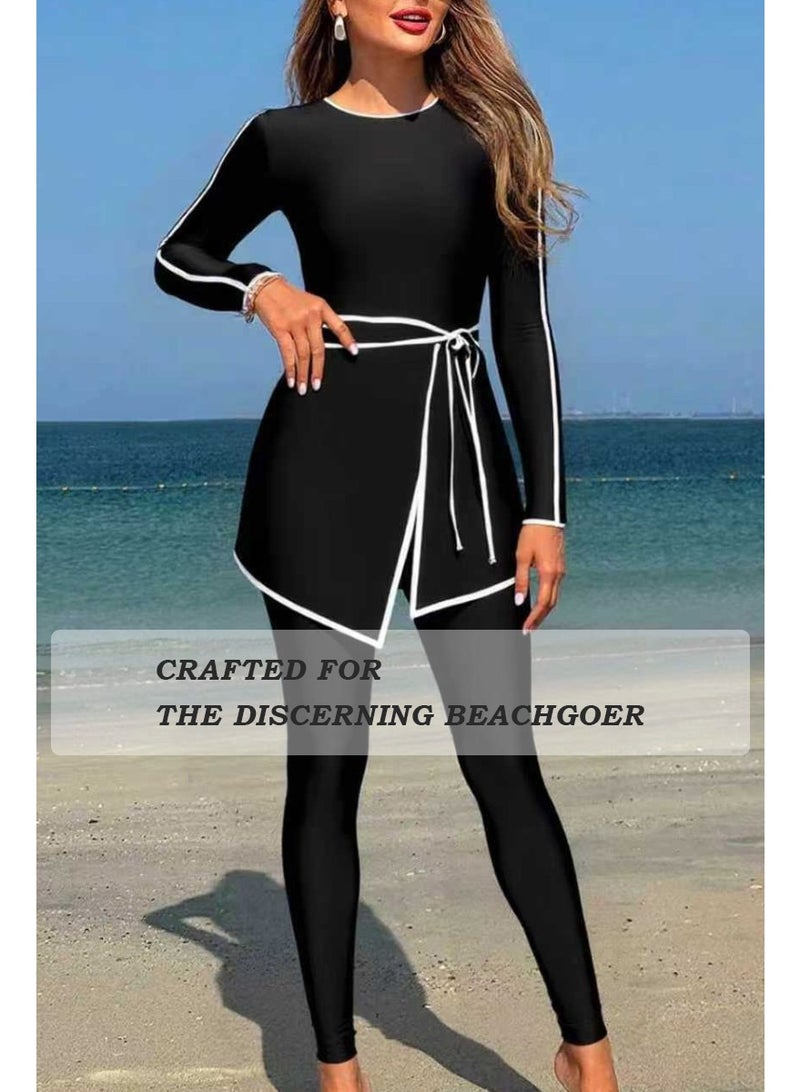 Muslim women swimwear, Burkini swimsuit – elegant full coverage long sleeve top & long pants with waist belt, black with white piping trim, simple stylish, quick dry & sun protection, suit for beach, swimming and surfing. - Image 3
