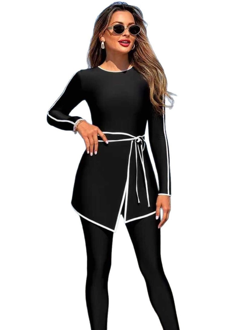 Muslim women swimwear, Burkini swimsuit – elegant full coverage long sleeve top & long pants with waist belt, black with white piping trim, simple stylish, quick dry & sun protection, suit for beach, swimming and surfing. - Image 4