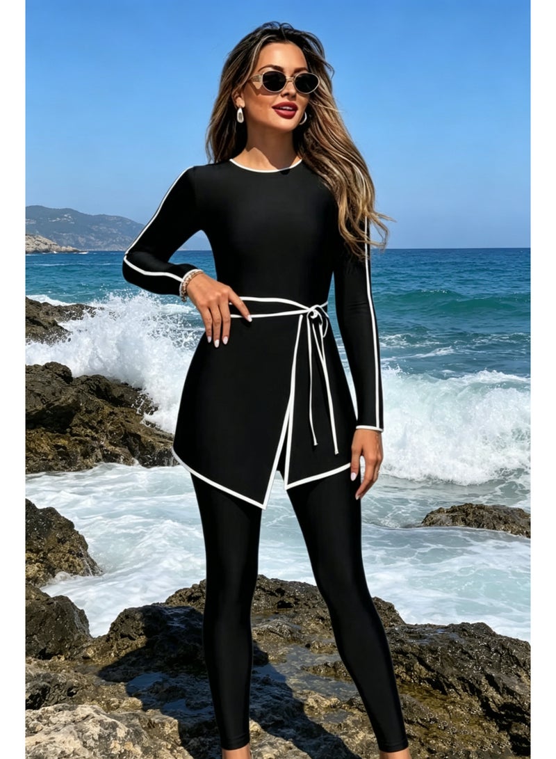 Muslim women swimwear, Burkini swimsuit – elegant full coverage long sleeve top & long pants with waist belt, black with white piping trim, simple stylish, quick dry & sun protection, suit for beach, swimming and surfing. - Image 1