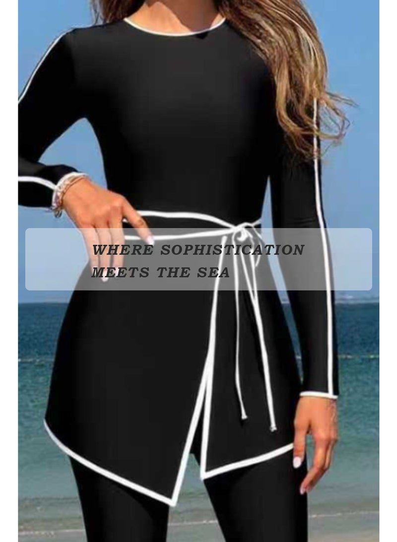 Muslim women swimwear, Burkini swimsuit – elegant full coverage long sleeve top & long pants with waist belt, black with white piping trim, simple stylish, quick dry & sun protection, suit for beach, swimming and surfing. - Image 5