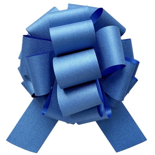 BXCMYDR 1PC Large Royal Blue Pull Bow for Gift Wrapping, 14 Inch Big Glitter Ribbon Bow for Boy's Birthday, Graduation, Bike, Presents, Hanukkah, Party & Home Decorations, Easy to Assemble Waterproof (Blue) - Image 1