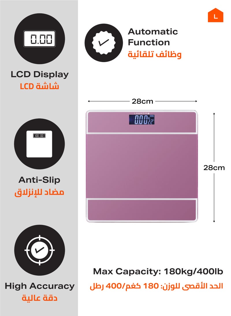 لوازم ميزان جسم - وردي - ميزان رقمي لقياس الوزن بدقة عالية مع شاشة LCD، سعة 180 كجم/400 رطل، تصميم مقاوم للانزلاق - مناسب للاستخدام في المنزل، الحمام، وأماكن اللياقة. - Image 2
