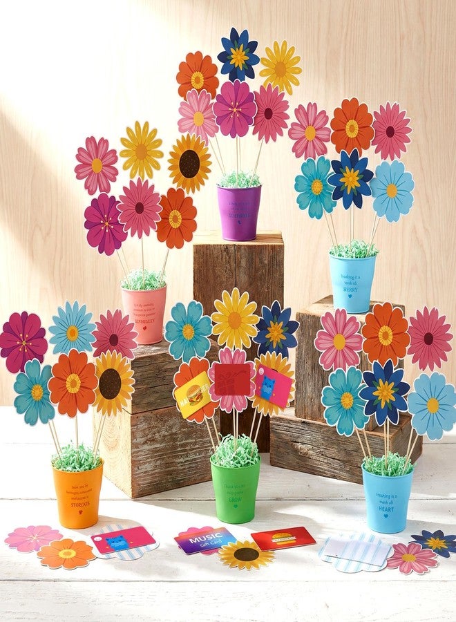 Yookeer 12 Sets Back to School Teacher Gift Card Flower Bouquet Pot Basket DIY 12 Pots 80 Flower Cardstocks 12 Thank Stickers with Bamboo Sticks and Raffia DIY Craft Back to School Gift - Image 3