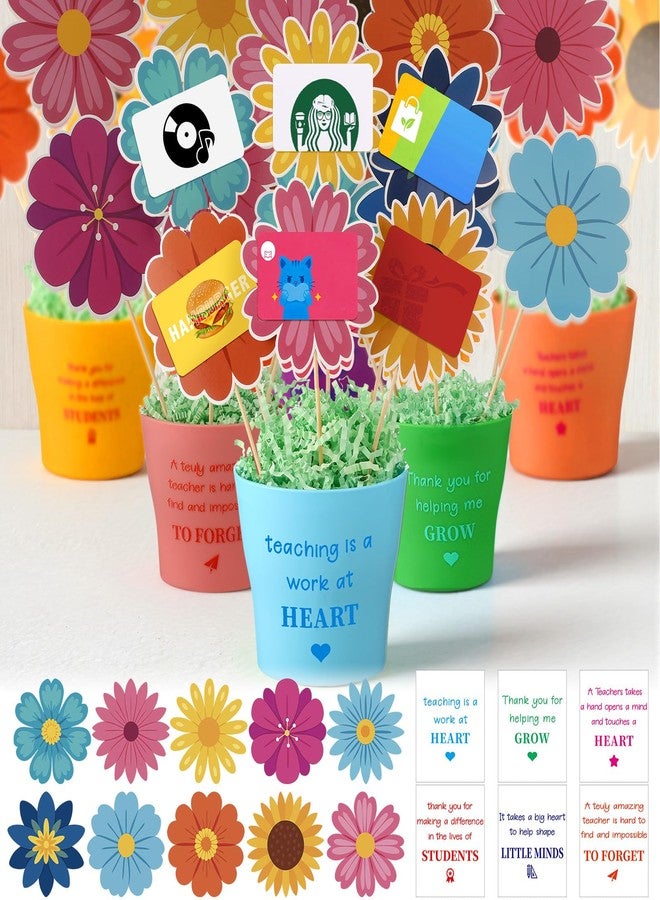 Yookeer 12 Sets Back to School Teacher Gift Card Flower Bouquet Pot Basket DIY 12 Pots 80 Flower Cardstocks 12 Thank Stickers with Bamboo Sticks and Raffia DIY Craft Back to School Gift - Image 2