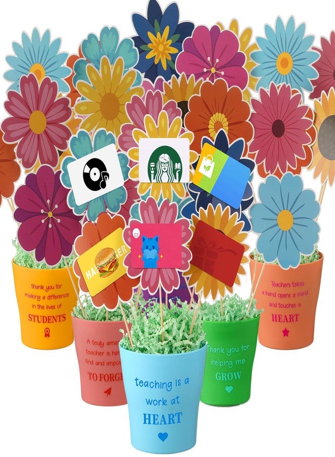 Yookeer 12 Sets Back to School Teacher Gift Card Flower Bouquet Pot Basket DIY 12 Pots 80 Flower Cardstocks 12 Thank Stickers with Bamboo Sticks and Raffia DIY Craft Back to School Gift - Image 1