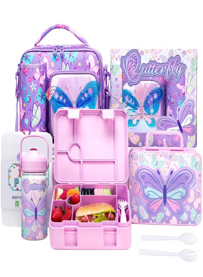 Oruiji Butterfly Lunch Box for Girls Bento Box for Kids with Lunch Bag,Stainless Steel Water Bottle,Ice Pack Set Birthday Gifts for Ages 3-12 Back to School Toddler Girls - Image 1
