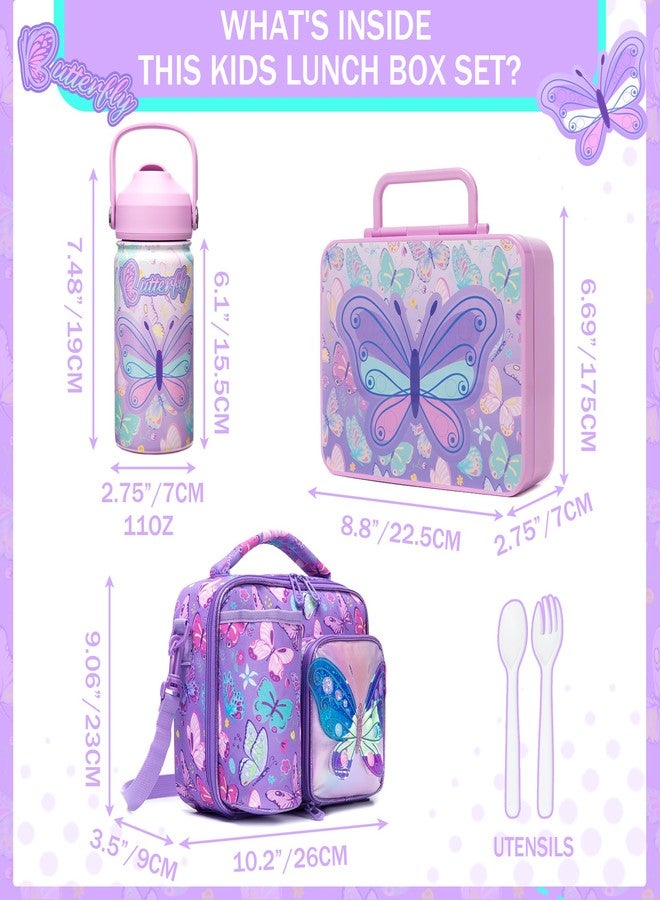 Oruiji Butterfly Lunch Box for Girls Bento Box for Kids with Lunch Bag,Stainless Steel Water Bottle,Ice Pack Set Birthday Gifts for Ages 3-12 Back to School Toddler Girls - Image 2