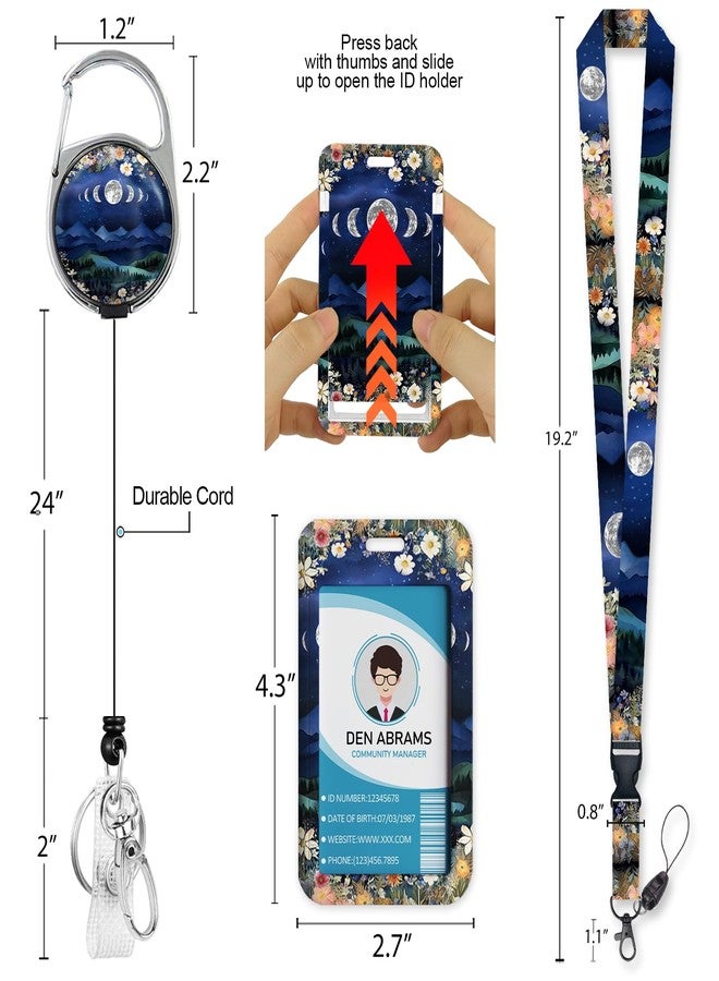 Piefly Lanyards for Id Badges, Badge Holder with Retractable Reel Clip, Detachable Moon Mountain Flower Night Work Name Tag Lanyard Vertical ID Card Protector for Women Nurse Doctor Teacher Student - Image 5