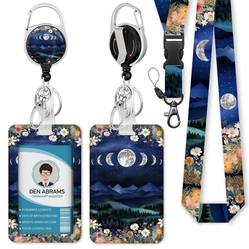 Piefly Lanyards for Id Badges, Badge Holder with Retractable Reel Clip, Detachable Moon Mountain Flower Night Work Name Tag Lanyard Vertical ID Card Protector for Women Nurse Doctor Teacher Student - Image 1