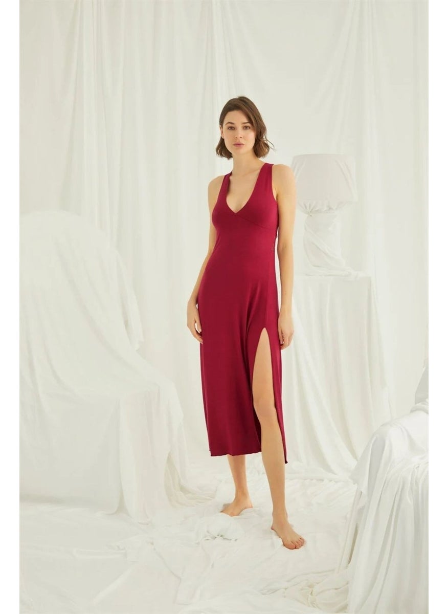 Monamise Women's Red Chest and Back Decoted Lace Brode Slit Nightgown 18482  - Image 1