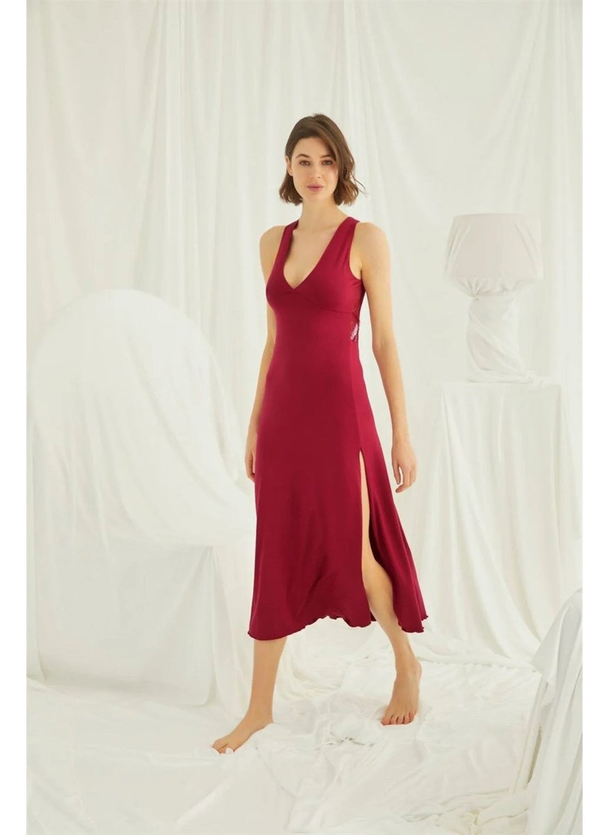 Monamise Women's Red Chest and Back Decoted Lace Brode Slit Nightgown 18482  - Image 2