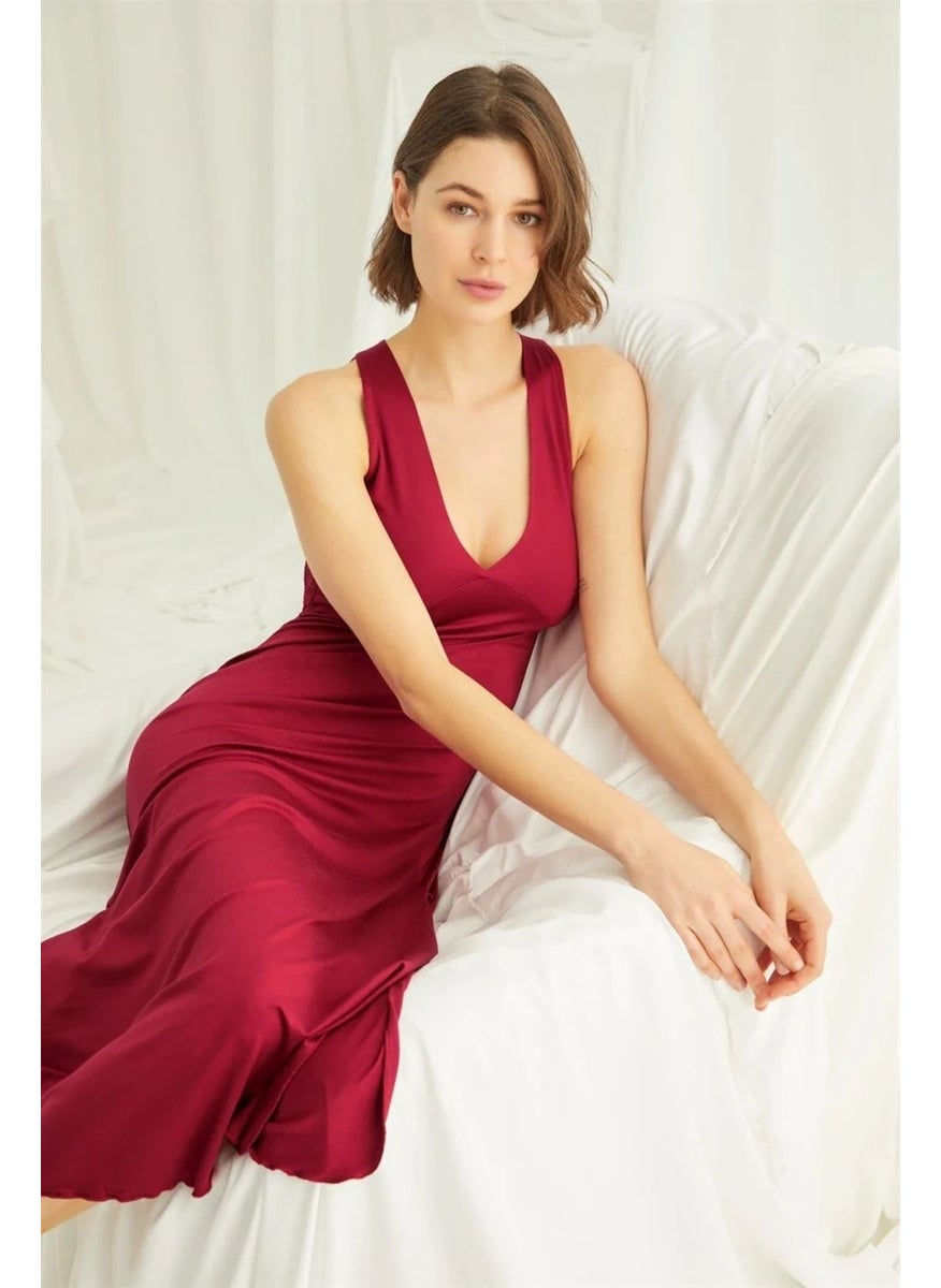Monamise Women's Red Chest and Back Decoted Lace Brode Slit Nightgown 18482  - Image 4