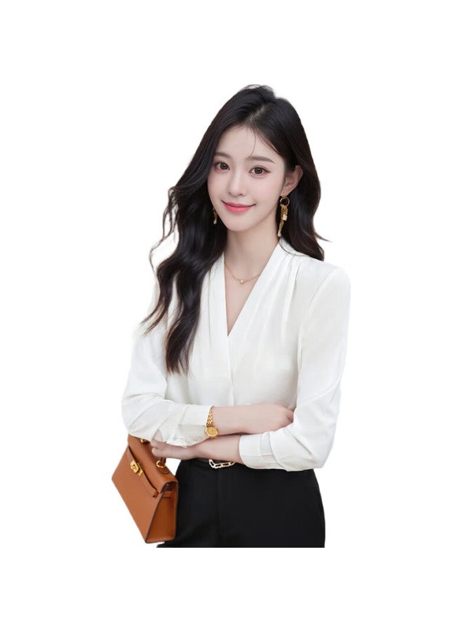 TELUOMAN White Professional Shirt Women'S Long Sleeve V-Neck Temperament Casual Wrinkle-Free Spring And Autumn Undershirt Slim Chiffon Shirt - Image 2