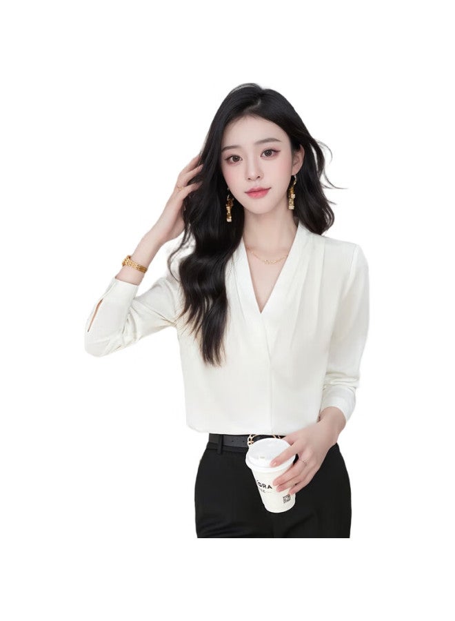 TELUOMAN White Professional Shirt Women'S Long Sleeve V-Neck Temperament Casual Wrinkle-Free Spring And Autumn Undershirt Slim Chiffon Shirt - Image 1