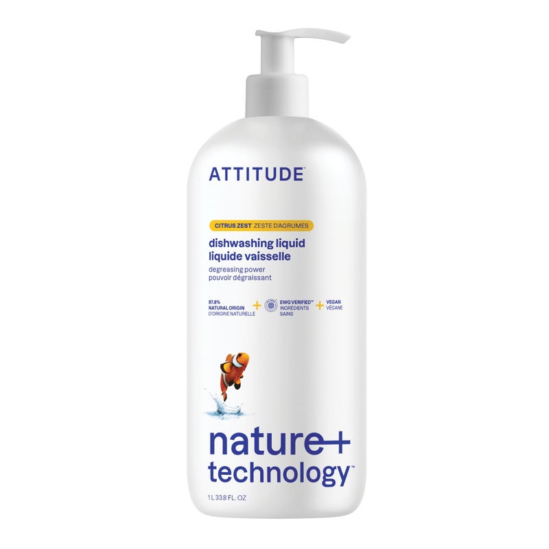 ATTITUDE Dish Soap EWG Verified PlantBased Vegan Dishwashing Liquid Naturally Derived Citrus Zest Scent 338 Fl Oz