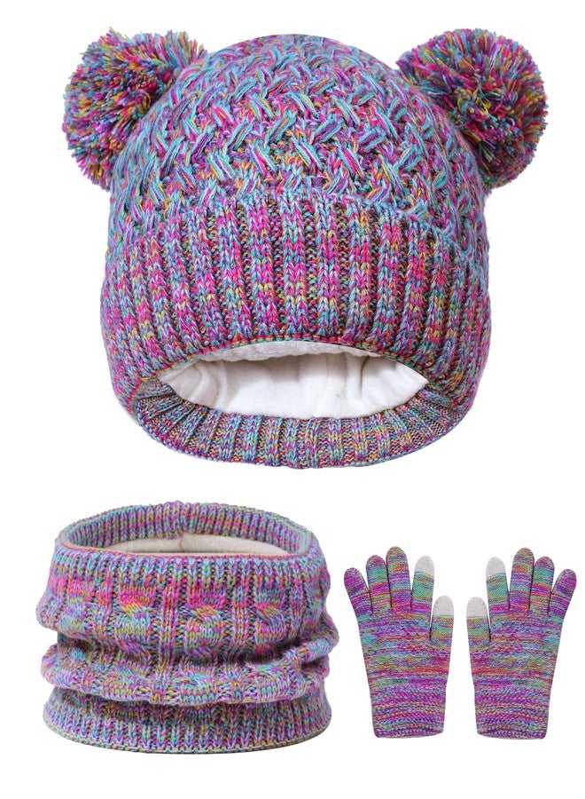 Kajeer Girls Winter Hat Gloves Scarf Set, Kids 2-14 Beanie Cap Pom Pom Neck Warmer Neck Gaiter Fleece Lined,Touch Screen Gloves - Image 1